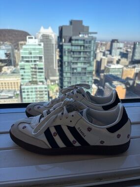 Adidas Samba White with Black Stripes and Purple Flower Accents